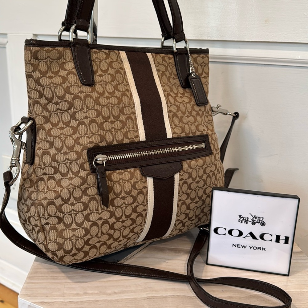 Coach Brown Signature Canvas Crossbody Tote with Center Stripe